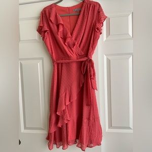 NWT Danny & Nicole coral polka dot chiffon faux wrap dress with belt. Size 10